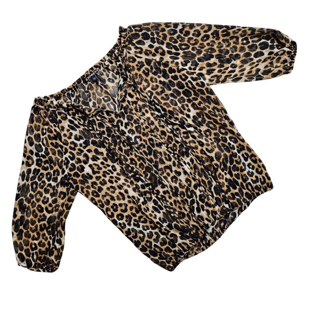EXPRESS Y2K Animal Print Cheetah Flirtly Off shoulder Chiffon Blouse Size S - Picture 1 of 10